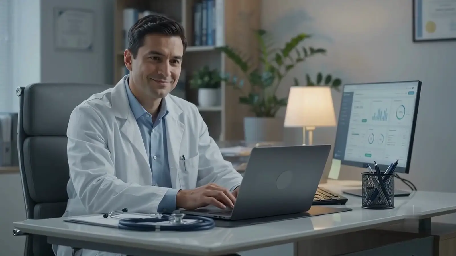 Illustrative clinician working at a desk with a laptop